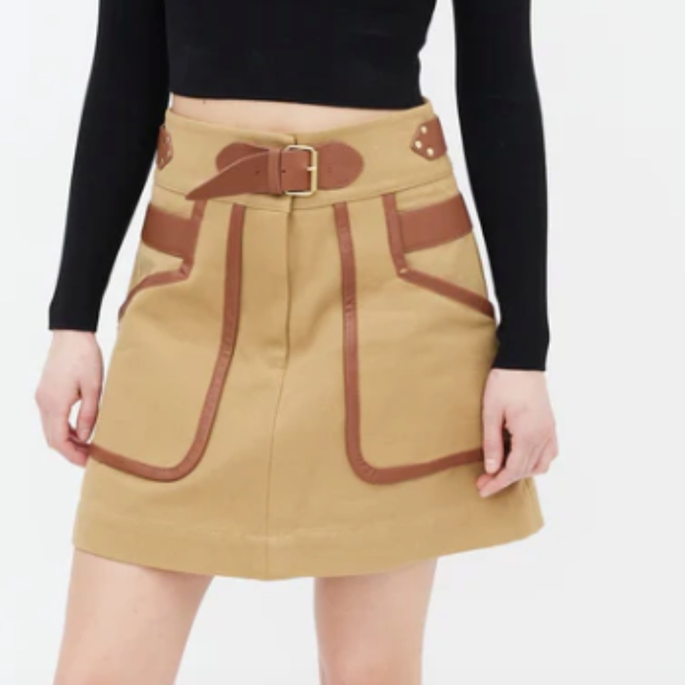 10 Crosby Derek Lam Tan Brown Lamb Leather Trim Preppy Mini Skirt Size 0